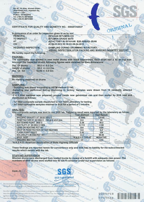 Bitumen SGS Quality and Quantity Inspections Certificate