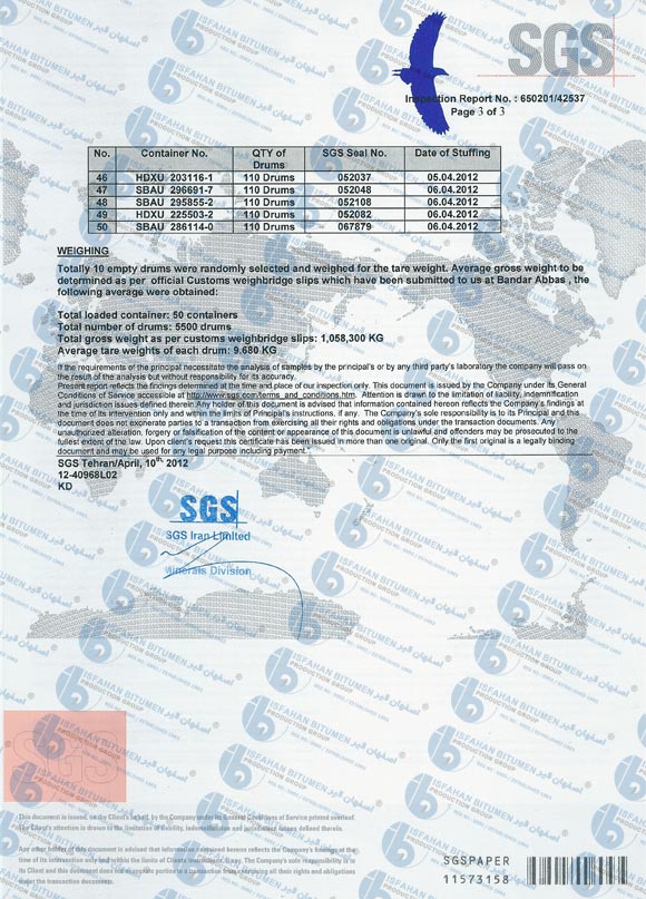 Bitumen SGS Quality and Quantity Inspections Certificate